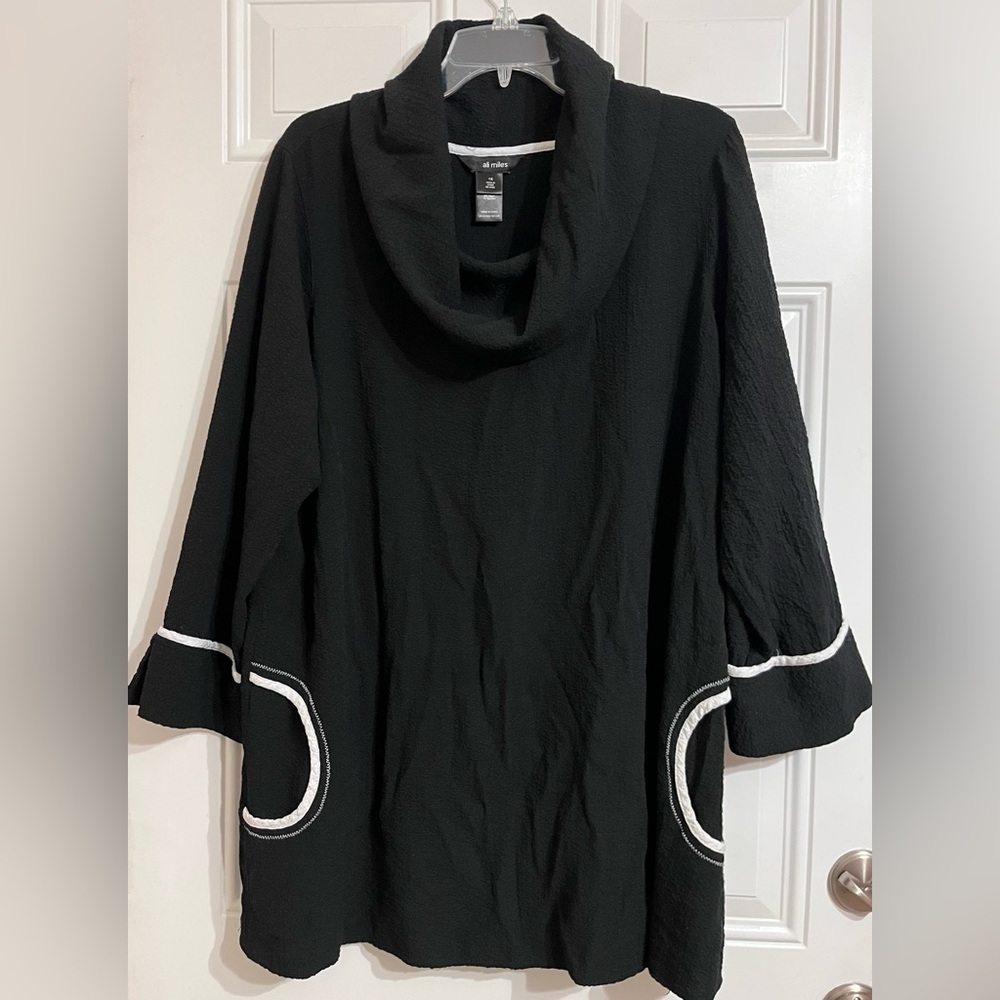 Ali Miles Black Tunic with White Pocket Trim and Cowl Neck